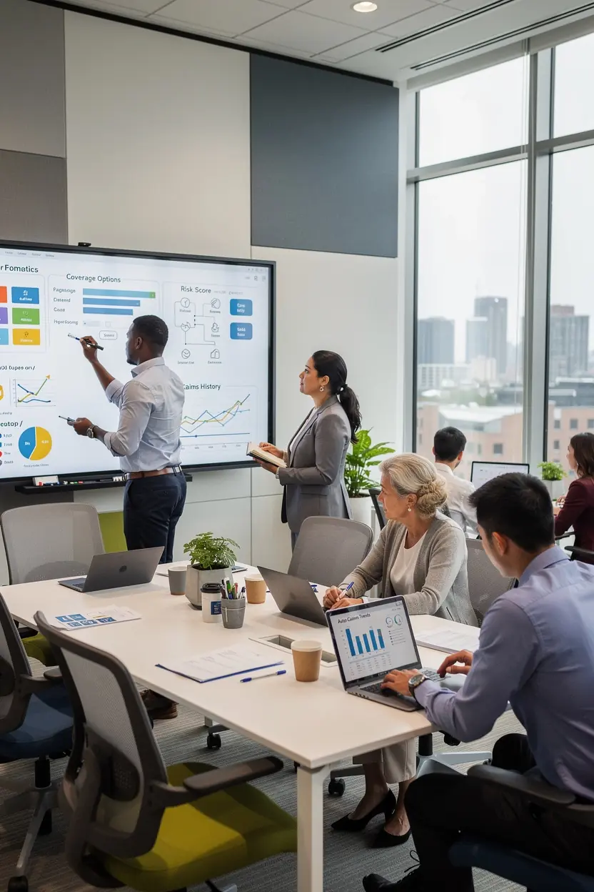 Zdjęcie biura agencji ubezpieczeniowej z pracownikami doradzającymi klientom.